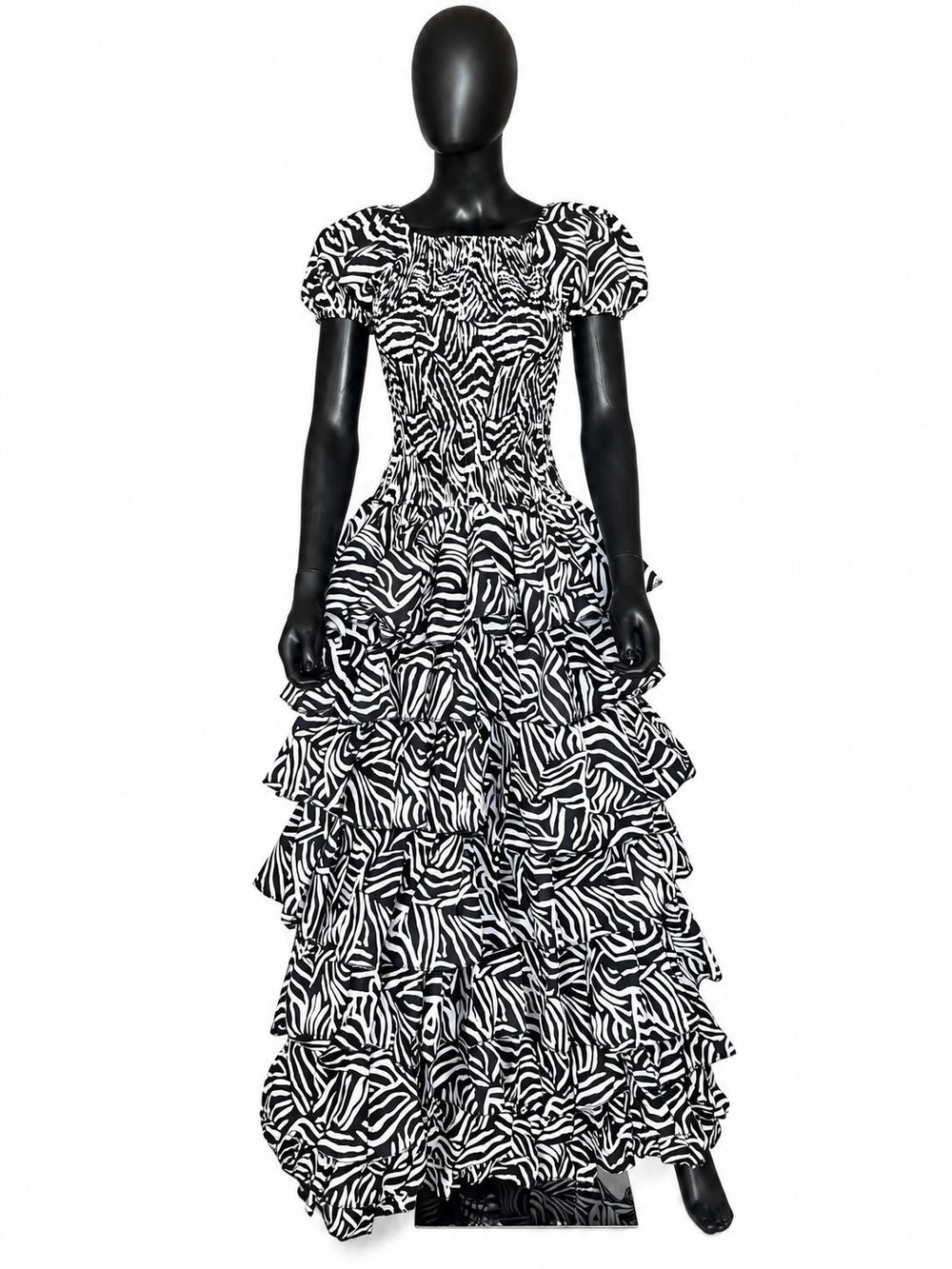 Black & White Zebra Print Tiered Maxi Dress-One Size Fits US 8-14